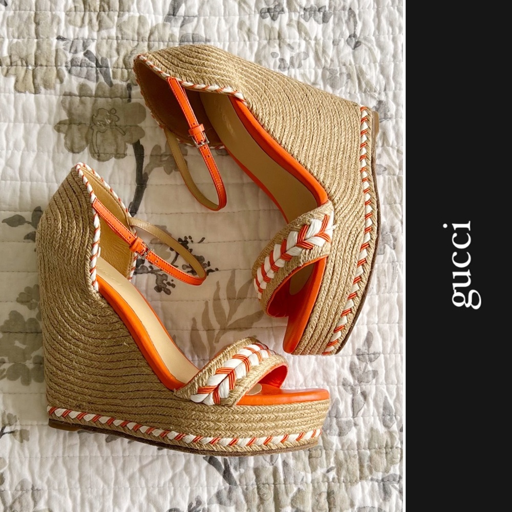 Gucci Tiffany Espadrille Wedge Platform Sandals in Orange • 37.5